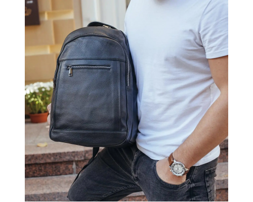 Кожаная мужской наплечная сумка для ноутбука и поездок 28х42х18, рюкзак для работы Tiding Bag D3-9343, черный