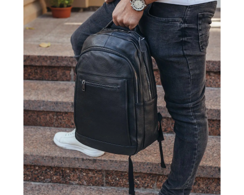 Кожаная мужской наплечная сумка для ноутбука и поездок 28х42х18, рюкзак для работы Tiding Bag D3-9343, черный