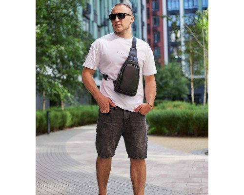 Слинг кожаный мужской на плечо18х32х8, нагрудна сумка рюкзак для студента TIDING BAG TH-73583 черная