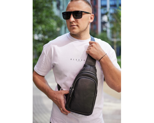 Слинг кожаный мужской на плечо18х32х8, нагрудна сумка рюкзак для студента TIDING BAG TH-73583 черная