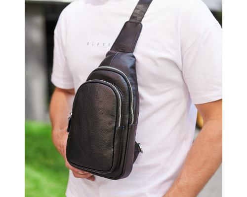 Слинг кожаный мужской на плечо18х32х8, нагрудна сумка рюкзак для студента TIDING BAG TH-73583 черная
