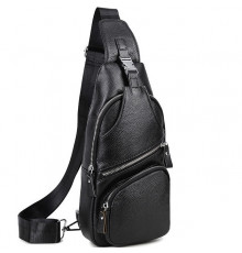 Мужская кожаная сумка-слинг 17х32х7, бананка для роботы и офиса TIDING BAG - MK-96303 черная