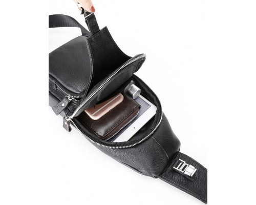 Мужская кожаная сумка-слинг 17х32х7, бананка для роботы и офиса TIDING BAG - MK-96303 черная