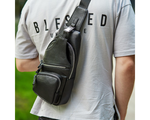 Мужская кожаная сумка-слинг 17х32х7, бананка для роботы и офиса TIDING BAG - MK-96303 черная