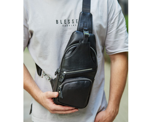 Мужская кожаная сумка-слинг 17х32х7, бананка для роботы и офиса TIDING BAG - MK-96303 черная