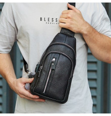 Сумка-слинг мужская на одно плечо 18х32х7, нагрудной рюкзак из натуральной кожи 74521 черный