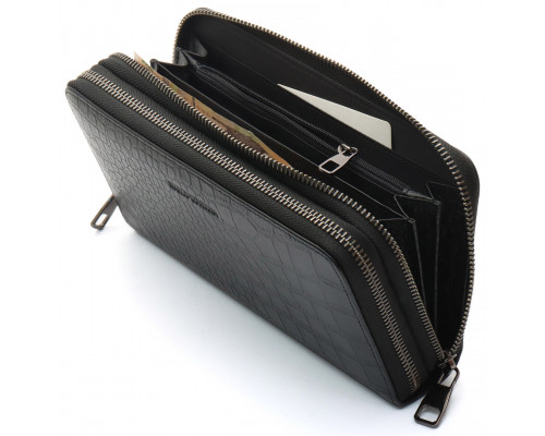 Черный кошелек-клатч на две молнии с фактурной натуральной кожи  Marco Coverna MCJP-5902B