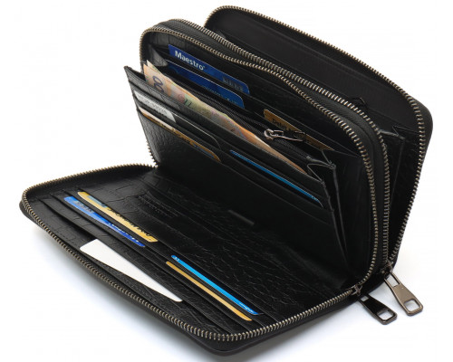 Черный кошелек-клатч на две молнии с фактурной натуральной кожи  Marco Coverna MCJP-5902B
