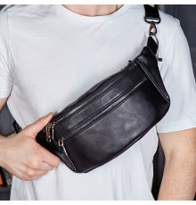 Стильная мужская бананка из натуральной гладкой кожи 14х25х10, нагрудная сумка для телефона NM-50358 черная