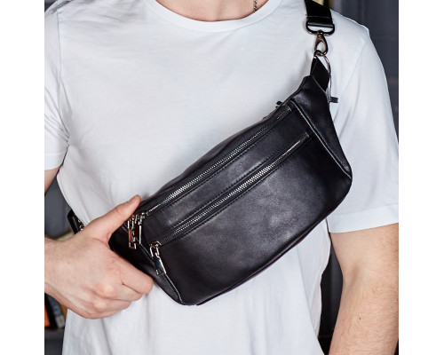 Стильная мужская бананка из натуральной гладкой кожи 14х25х10, нагрудная сумка для телефона NM-50358 черная