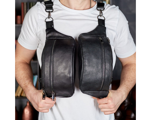 Стильная мужская бананка из натуральной гладкой кожи 14х25х10, нагрудная сумка для телефона NM-50358 черная
