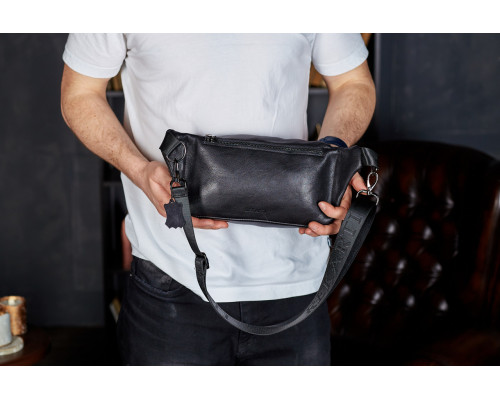 Стильная мужская бананка из натуральной гладкой кожи 14х25х10, нагрудная сумка для телефона NM-50358 черная