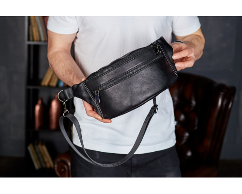 Стильная мужская бананка из натуральной гладкой кожи 14х25х10, нагрудная сумка для телефона NM-50358 черная