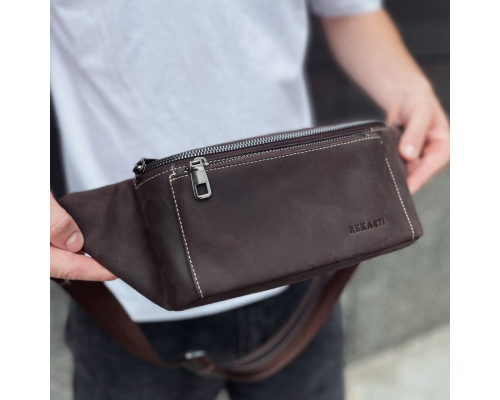 Сумка-бананка из кожи 24х11х8, мужской крези хорс для гаджетов на пояс CH-7371 коричневая