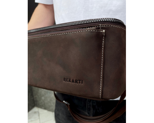 Сумка-бананка из кожи 24х11х8, мужской крези хорс для гаджетов на пояс CH-7371 коричневая