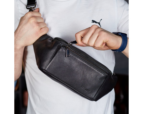 Сумка-бананка для телефона 11х25х8, стильный слинг из натуральной гладкой кожи TD-31848 черный