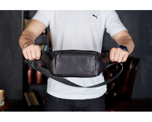 Сумка-бананка для телефона 11х25х8, стильный слинг из натуральной гладкой кожи TD-31848 черный