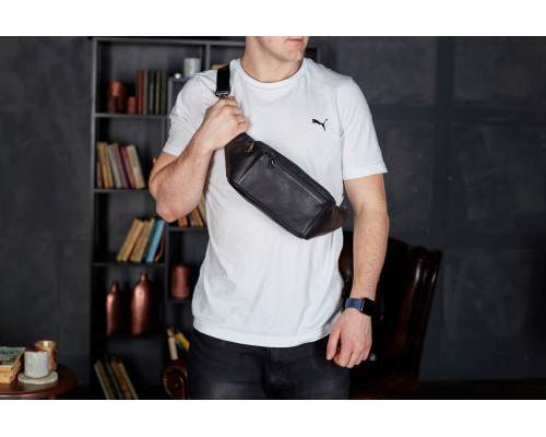 Сумка-бананка для телефона 11х25х8, стильный слинг из натуральной гладкой кожи TD-31848 черный