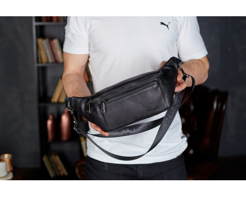 Сумка-бананка для телефона 11х25х8, стильный слинг из натуральной гладкой кожи TD-31848 черный