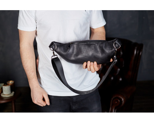 Сумка-бананка для телефона 11х25х8, стильный слинг из натуральной гладкой кожи TD-31848 черный