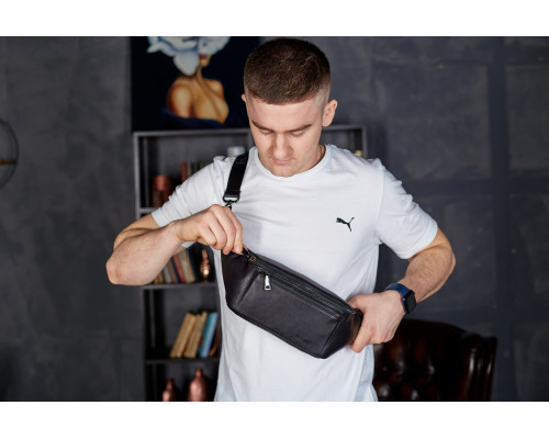 Сумка-бананка для телефона 11х25х8, стильный слинг из натуральной гладкой кожи TD-31848 черный