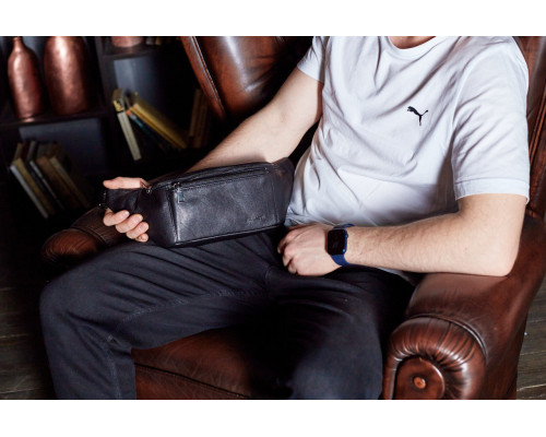 Сумка-бананка для телефона 11х25х8, стильный слинг из натуральной гладкой кожи TD-31848 черный