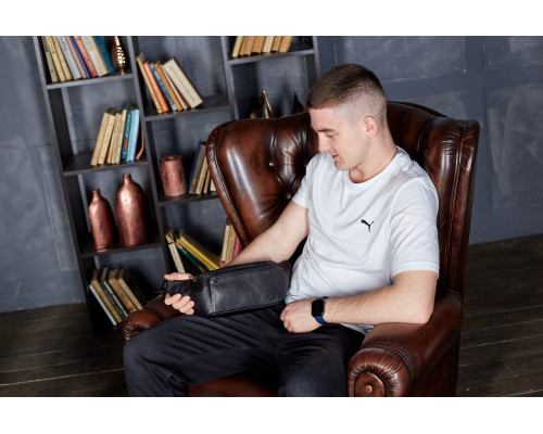 Сумка-бананка для телефона 11х25х8, стильный слинг из натуральной гладкой кожи TD-31848 черный