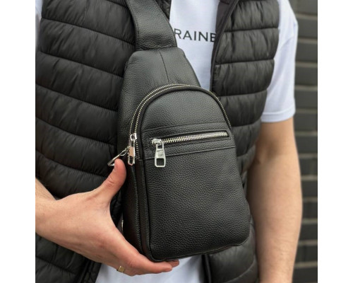 Мужская сумка-бананка через плечо 18х32х7, унисекс рюкзак на грудь с натуральной кожи TIDING BAG 3280 черный