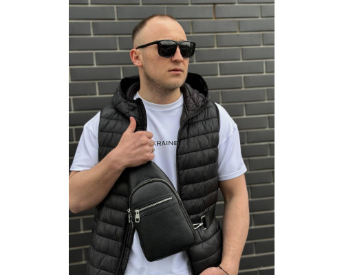 Мужская сумка-бананка через плечо 18х32х7, унисекс рюкзак на грудь с натуральной кожи TIDING BAG 3280 черный