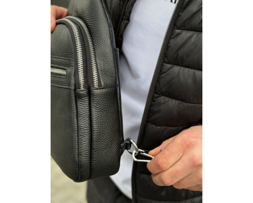 Мужская сумка-бананка через плечо 18х32х7, унисекс рюкзак на грудь с натуральной кожи TIDING BAG 3280 черный