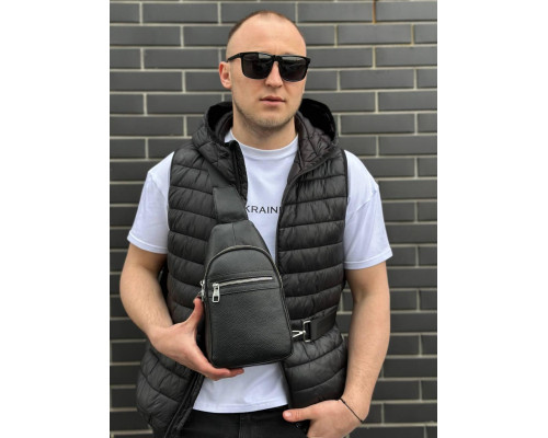 Мужская сумка-бананка через плечо 18х32х7, унисекс рюкзак на грудь с натуральной кожи TIDING BAG 3280 черный