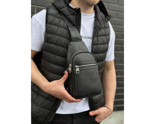 Мужская сумка-бананка через плечо 18х32х7, унисекс рюкзак на грудь с натуральной кожи TIDING BAG 3280 черный