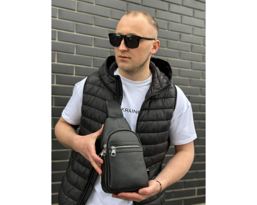 Мужская сумка-бананка через плечо 18х32х7, унисекс рюкзак на грудь с натуральной кожи TIDING BAG 3280 черный
