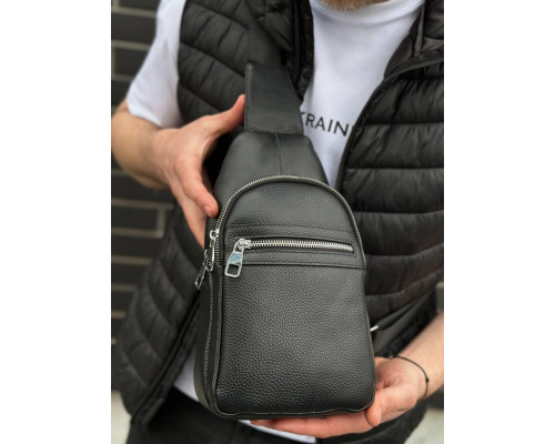 Мужская сумка-бананка через плечо 18х32х7, унисекс рюкзак на грудь с натуральной кожи TIDING BAG 3280 черный