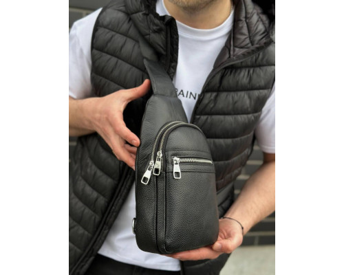 Мужская сумка-бананка через плечо 18х32х7, унисекс рюкзак на грудь с натуральной кожи TIDING BAG 3280 черный