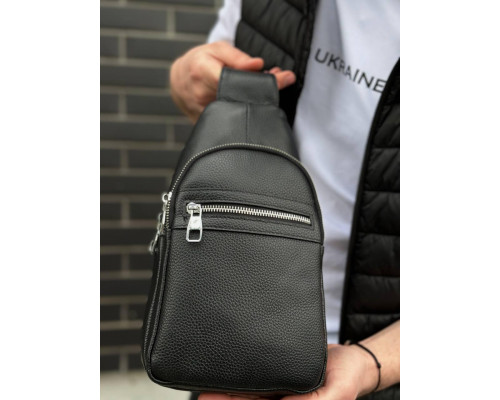 Мужская сумка-бананка через плечо 18х32х7, унисекс рюкзак на грудь с натуральной кожи TIDING BAG 3280 черный