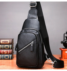 Мужской слинг через плечо 18х32х7, кожаная нагрудная бананка, сумка рюкзак Tiding Bag 33737 черная