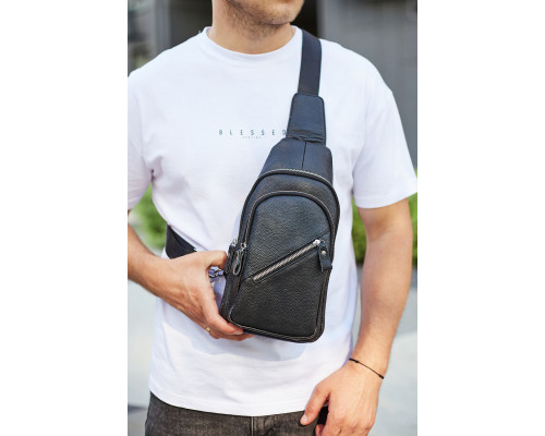Мужской слинг через плечо 18х32х7, кожаная нагрудная бананка, сумка рюкзак Tiding Bag 33737 черная