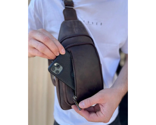 Мужской слинг из кожи 17х30х6, крейзи хорс для телефона 6349 коричневый