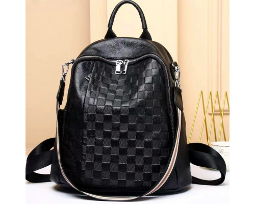 Кожаный женский рюкзак с тиснением 25х30х11, сумка наплечная с шахматным узором, черная