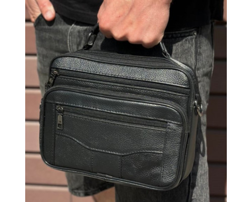 Мужская кожаная сумка-барсетка 23х19х7, мессенджер с ручкой и ремнем через плечо BX-10041 черный