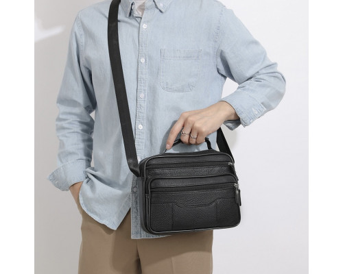 Мужская кожаная сумка-барсетка 23х19х7, мессенджер с ручкой и ремнем через плечо BX-10041 черный