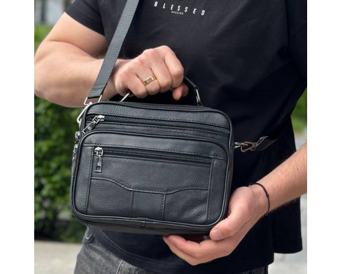 Мужская кожаная сумка-барсетка 23х19х7, мессенджер с ручкой и ремнем через плечо BX-10041 черный