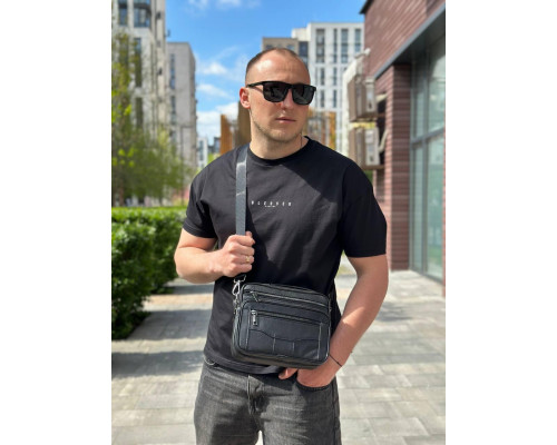 Мужская кожаная сумка-барсетка 23х19х7, мессенджер с ручкой и ремнем через плечо BX-10041 черный