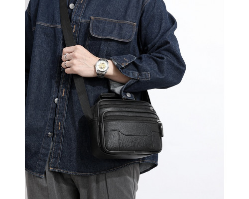 Мужская кожаная сумка-барсетка 23х19х7, мессенджер с ручкой и ремнем через плечо BX-10041 черный