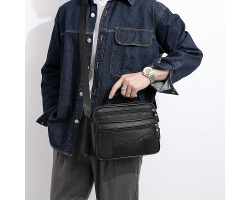 Мужская кожаная сумка-барсетка 23х19х7, мессенджер с ручкой и ремнем через плечо BX-10041 черный