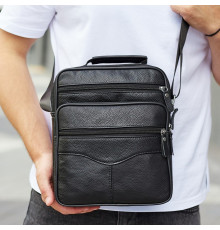 Мужская борсетка через плечо 26х20.5х8 / мессенджер наплечный из натуральной кожи, черный