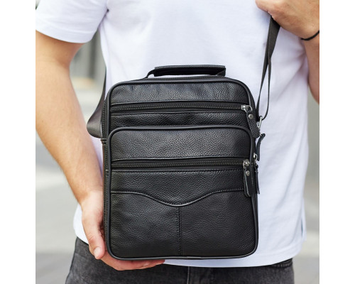 Мужская борсетка через плечо 26х20.5х8 / мессенджер наплечный из натуральной кожи, черный