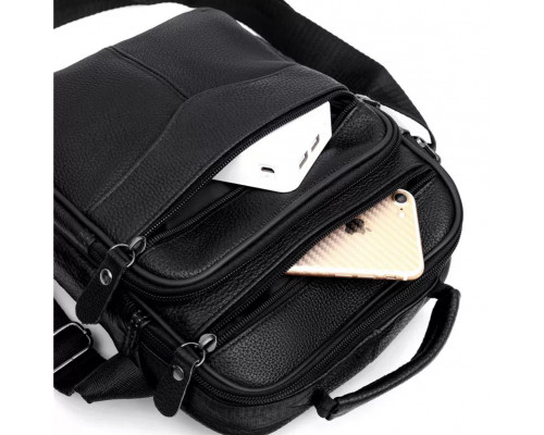Мужская борсетка через плечо 26х20.5х8 / мессенджер наплечный из натуральной кожи, черный