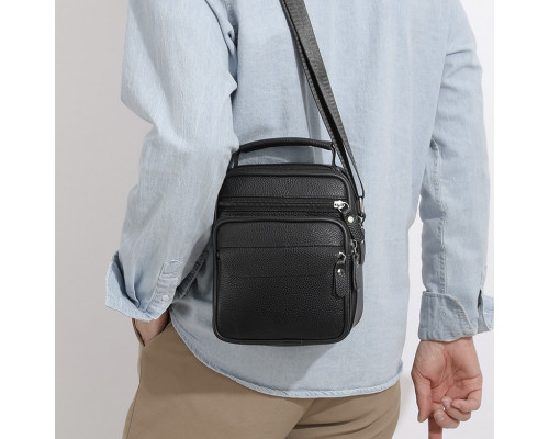 Мужская кожаная сумка планшет 17х21х9, барсетка через плечо с ручкой черная 86802